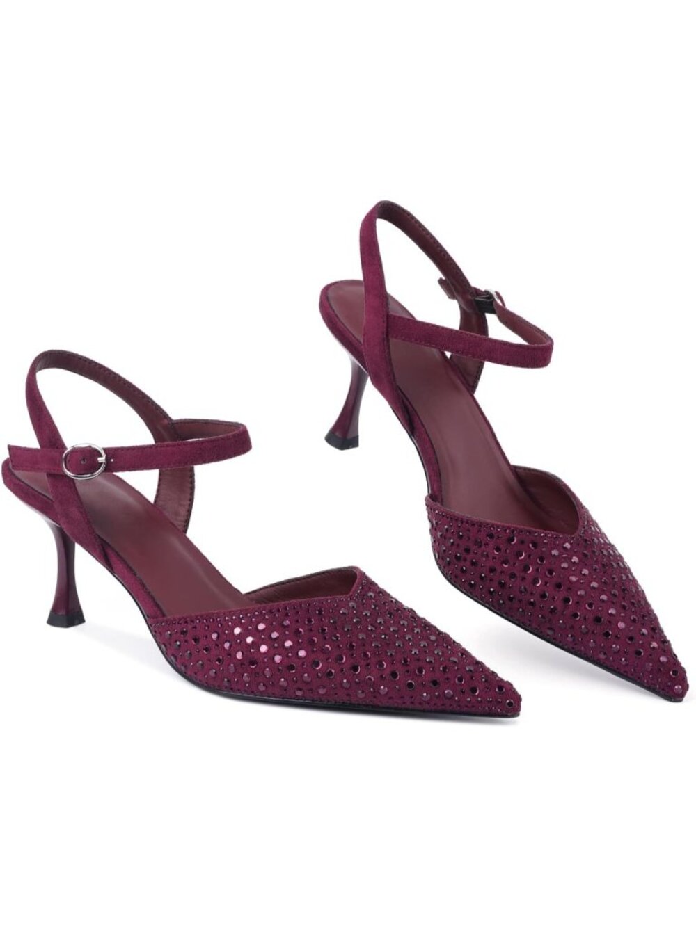 Women Burgundy_rhinestone Slingback Kitten Pointed Toe Pump Stiletto Heel Shoes